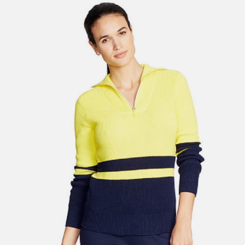 LAUREN RALPH LAUREN YELLOW BLUE 100% COTTON 1/4 ZIP SPORT SWEATER SIZE L